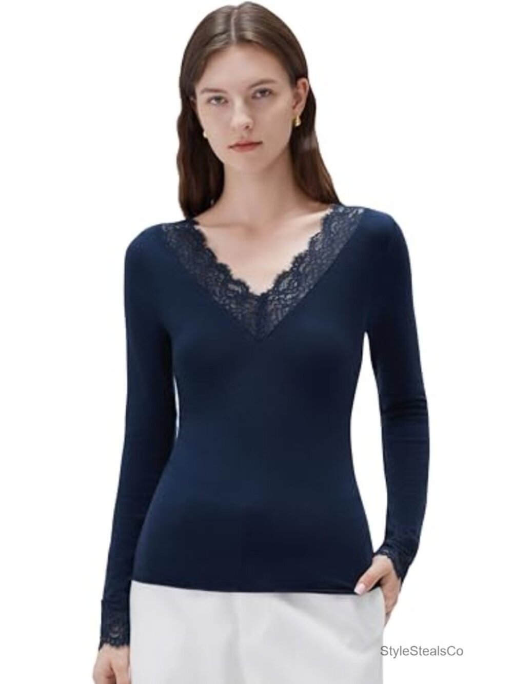 Women's V Neck Boat Neck Lace Long Sleeve Cashmere Modal Top